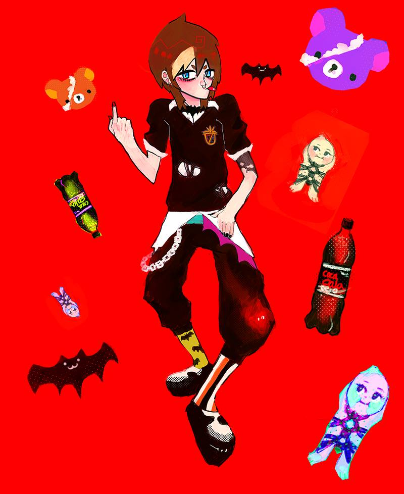 silly edgy self portrait i made when i was a tween lol.. i loved kewpies, rilakkuma, coke zero, and the general punk academia aesthetic so that's where this went.