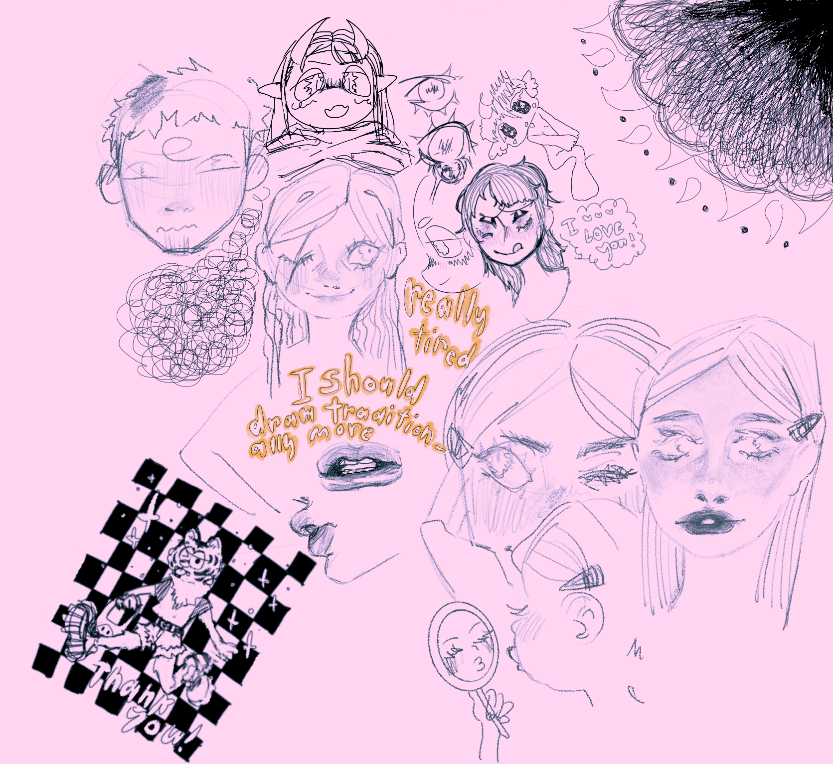 sketch page of various experiments and freeform drawing ... to put it fancifully. i was also discovering i really like using pencil-type brushes and wanted to start drawing traditionally again. i ended up buying a hobonichi shortly after this!